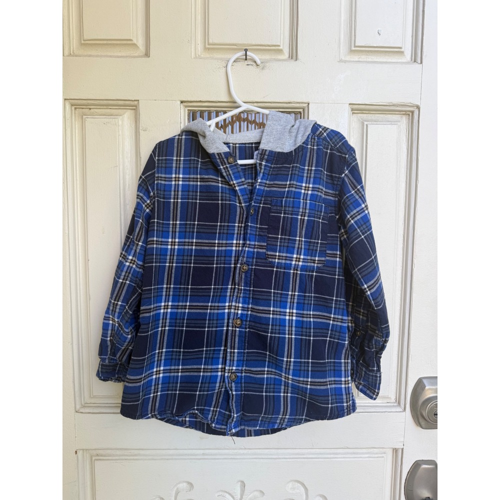 Carters Boys Blue Plaid Hooded Flannel Shirt Button Down Size 6